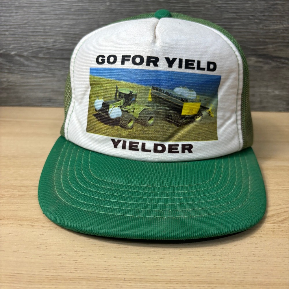 Vintage John Deere Hat Cap Snapback Green Trucker Go For Yield Yielder Farming